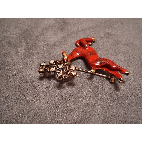Vintage Christmas Reindeer Rhinestone Brooch Red Enamel Pin AB Glass - Picture 4 of 5